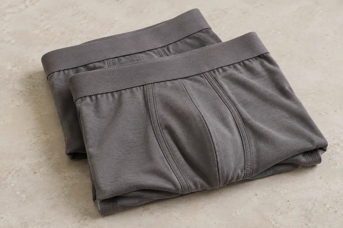 Boxers homme en coton stretch pliés sur une pierre claire, avec ceinture élastiquée et coutures visibles.