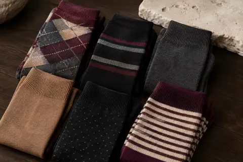 Lot de chaussettes homme FM London pliées, avec motifs argyle et rayures sur une surface en bois foncé.