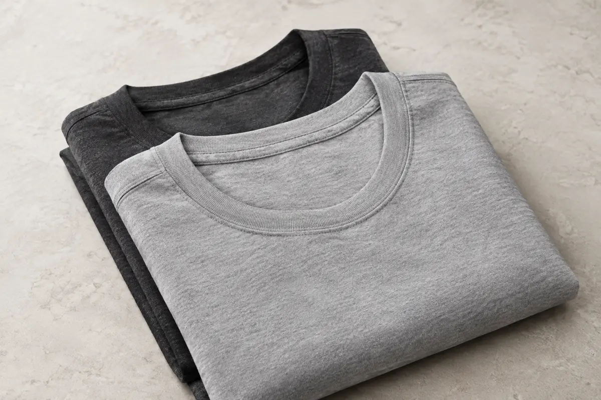 Lot de tee-shirts homme à col rond et coupe ajustée, pliés sur une surface en pierre claire