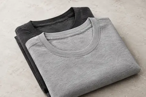 Lot de tee-shirts homme à col rond et coupe ajustée, pliés sur une surface en pierre claire