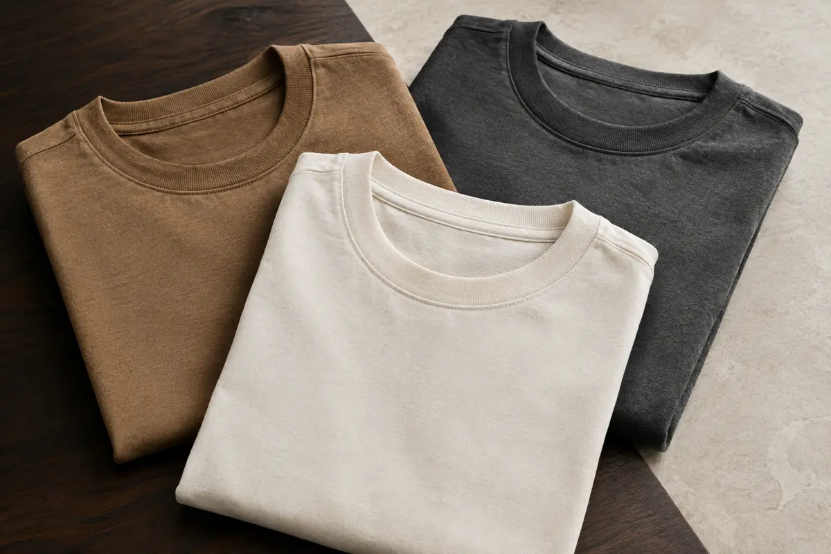 Lot de trois t-shirts homme à manches courtes et col rond, pliés sur une surface en bois et en pierre