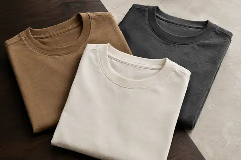 Lot de trois t-shirts homme à manches courtes et col rond, pliés sur une surface en bois et en pierre