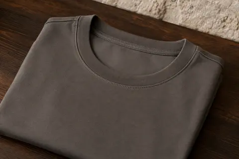 Tee shirt homme en coton plié, avec col rond et matière dense présenté sur une surface en bois foncé.