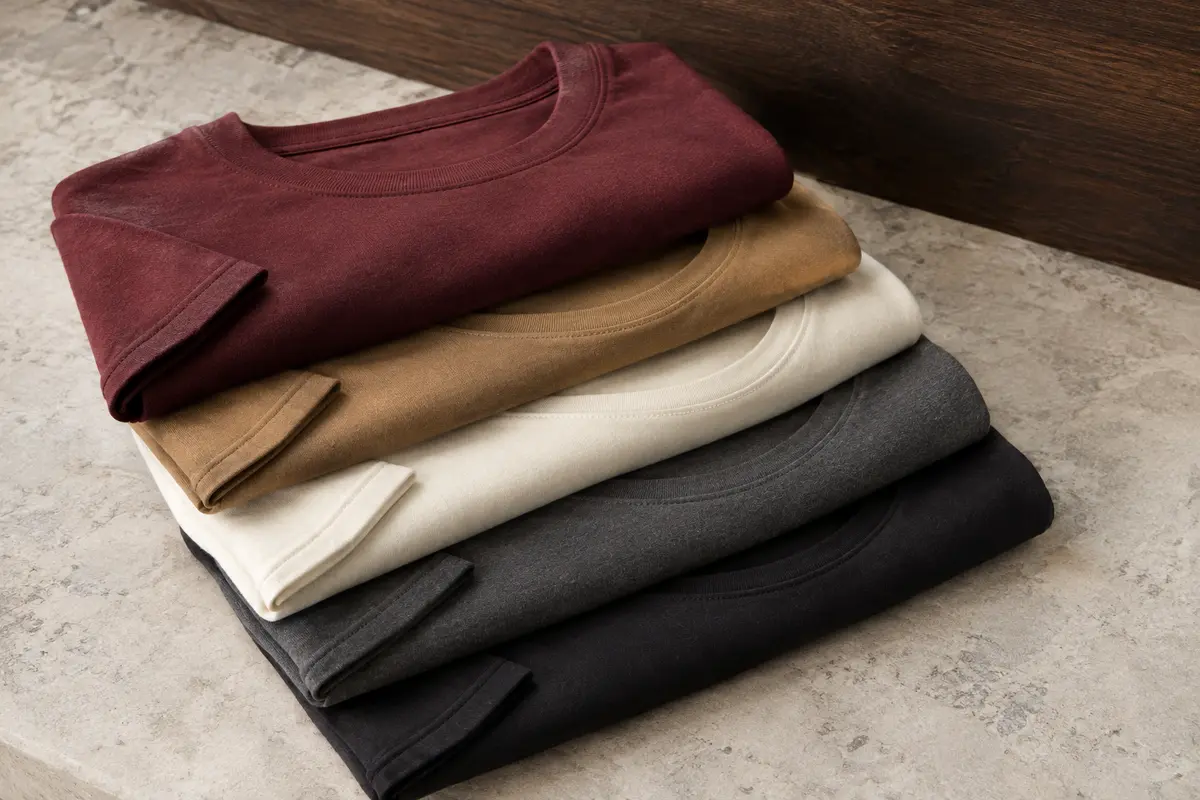 Lot de cinq T-shirts homme à col rond, pliés sur une surface de pierre claire.