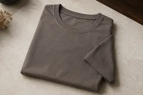 T-shirt homme à manches courtes et col rond plié sur une surface en pierre claire