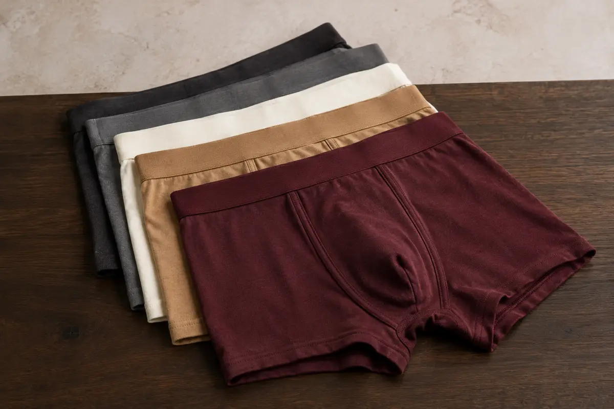 Lot de boxers homme multicolores pliés sur du bois foncé, avec coutures visibles et arrière-plan clair.