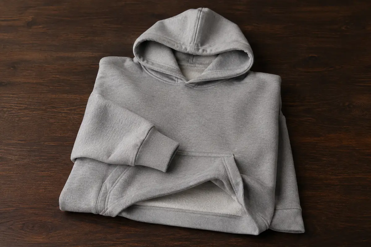 Sweat à capuche en molleton plié sur du bois foncé, avec poche kangourou et poignets côtelés.