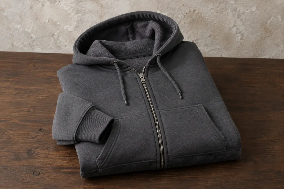 Sweat à capuche zippé Gildan en molleton, plié sur une surface en bois foncé