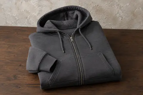 Sweat à capuche zippé Gildan en molleton, plié sur une surface en bois foncé
