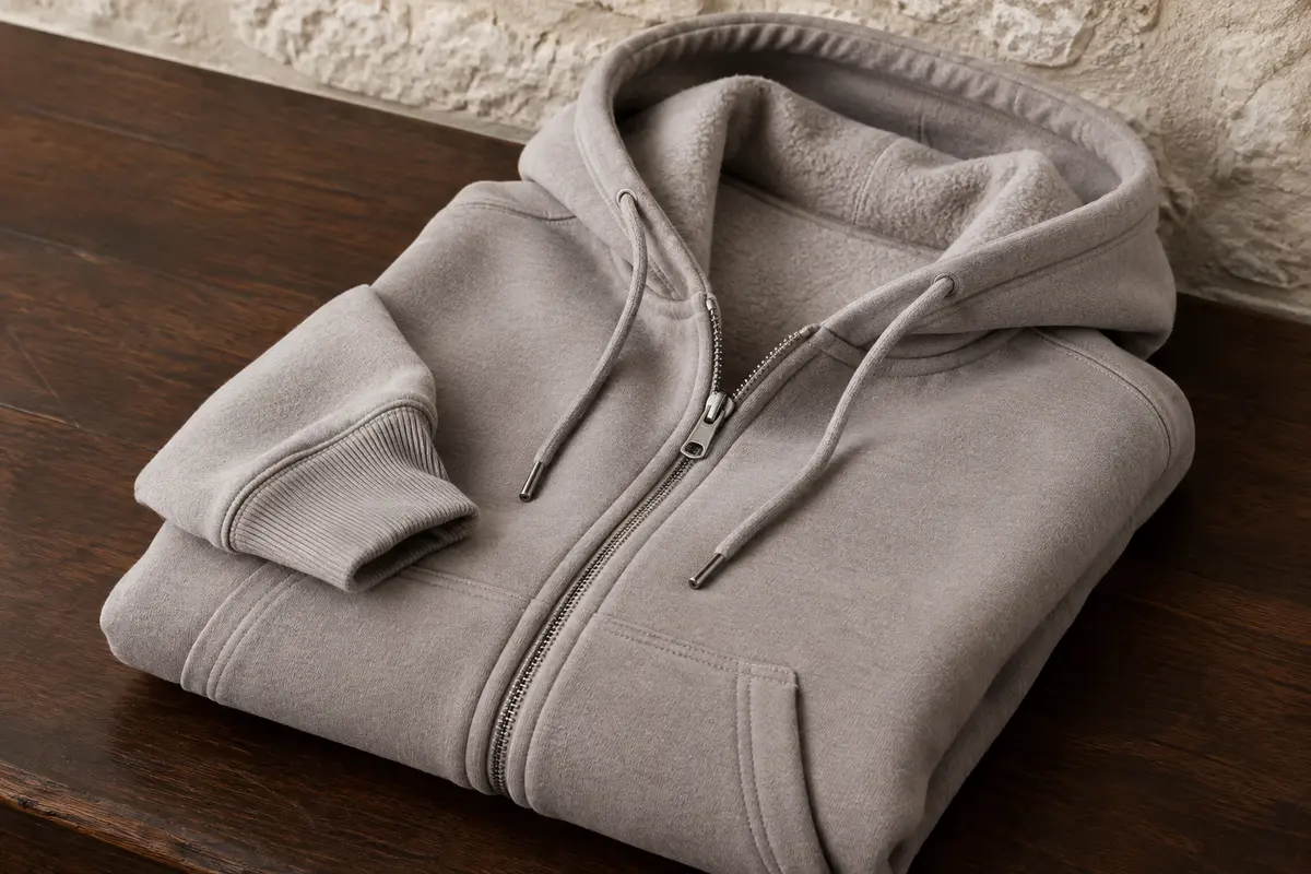 Sweat à capuche en molleton brossé plié, avec fermeture zippée et poignets côtelés visibles