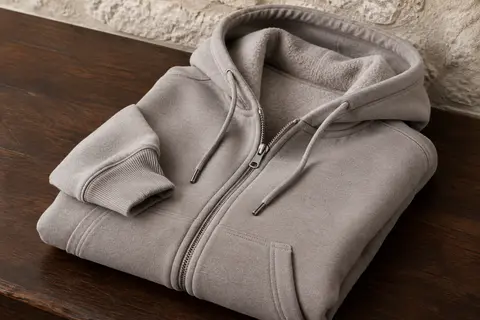 Sweat à capuche en molleton brossé plié, avec fermeture zippée et poignets côtelés visibles