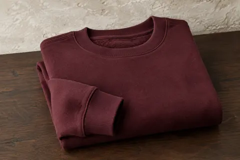 Sweat-shirt Gildan à col rond en molleton brossé, plié sur une surface en bois foncé