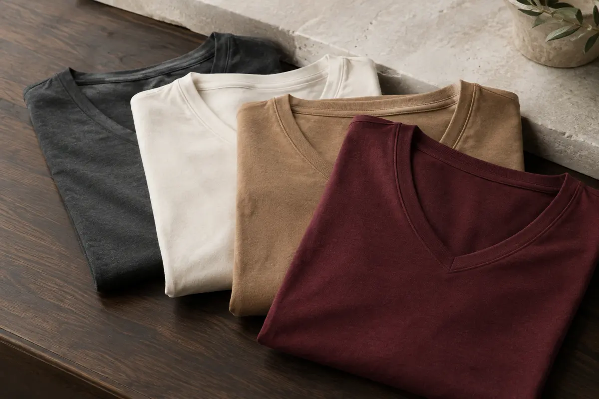 Lot de t-shirts homme en coton à col V, pliés sur une surface en bois foncé