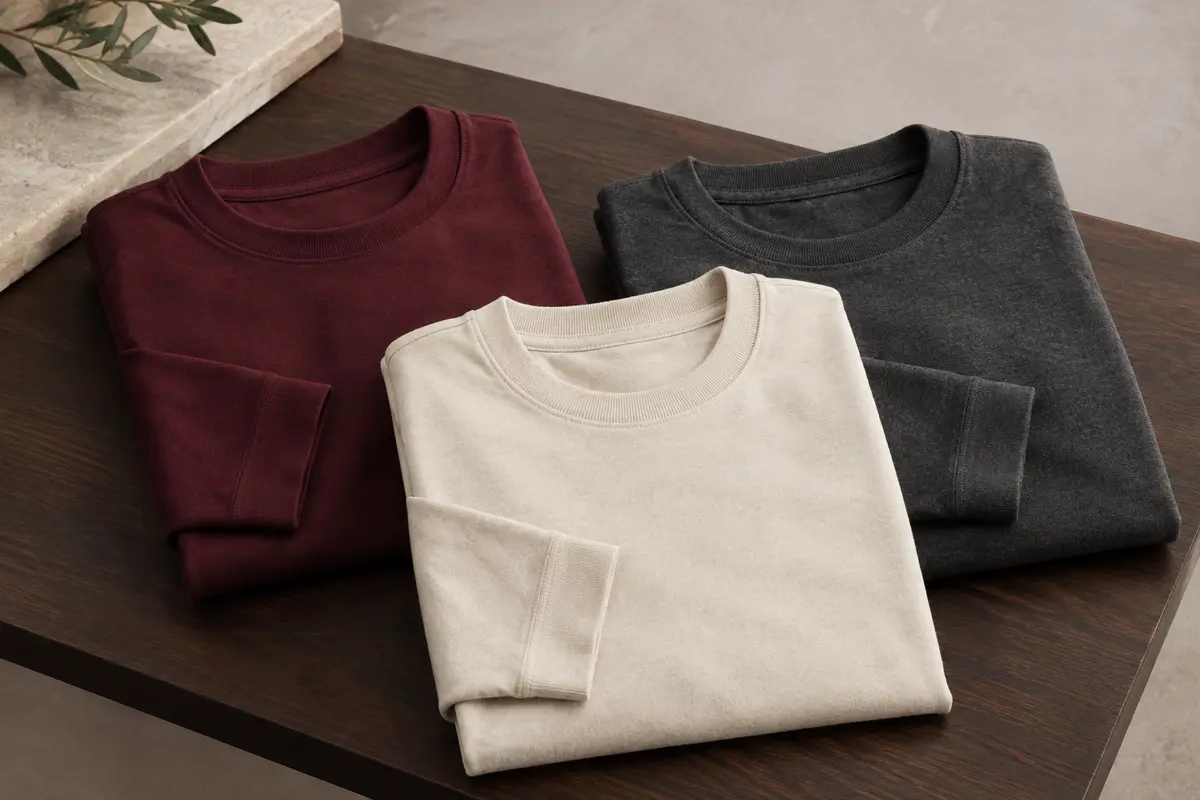 Trois t-shirts homme à manches longues pliés, avec col ras du cou côtelé et tissu épais.