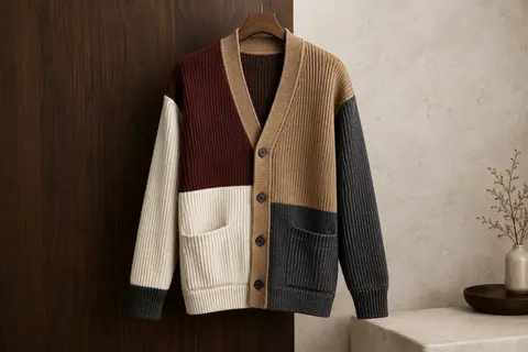 Cardigan homme GURUNVANI en maille colorblock avec manches longues et deux poches avant