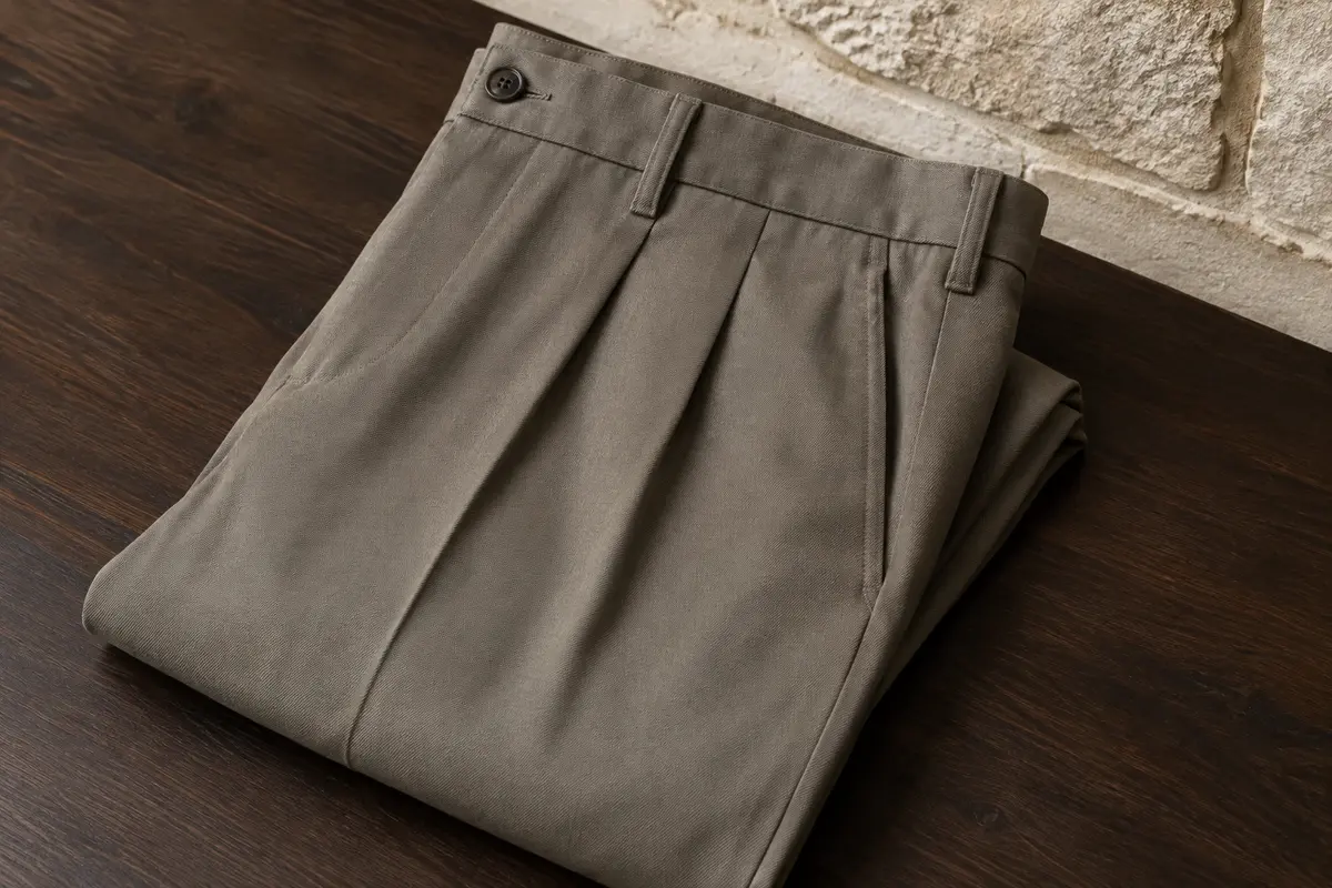 Pantalon de ville Haggar en coton sergé plié, avec plis visibles sur le devant et taille classique