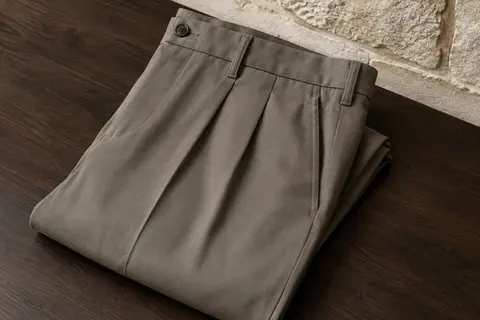 Pantalon de ville Haggar en coton sergé plié, avec plis visibles sur le devant et taille classique