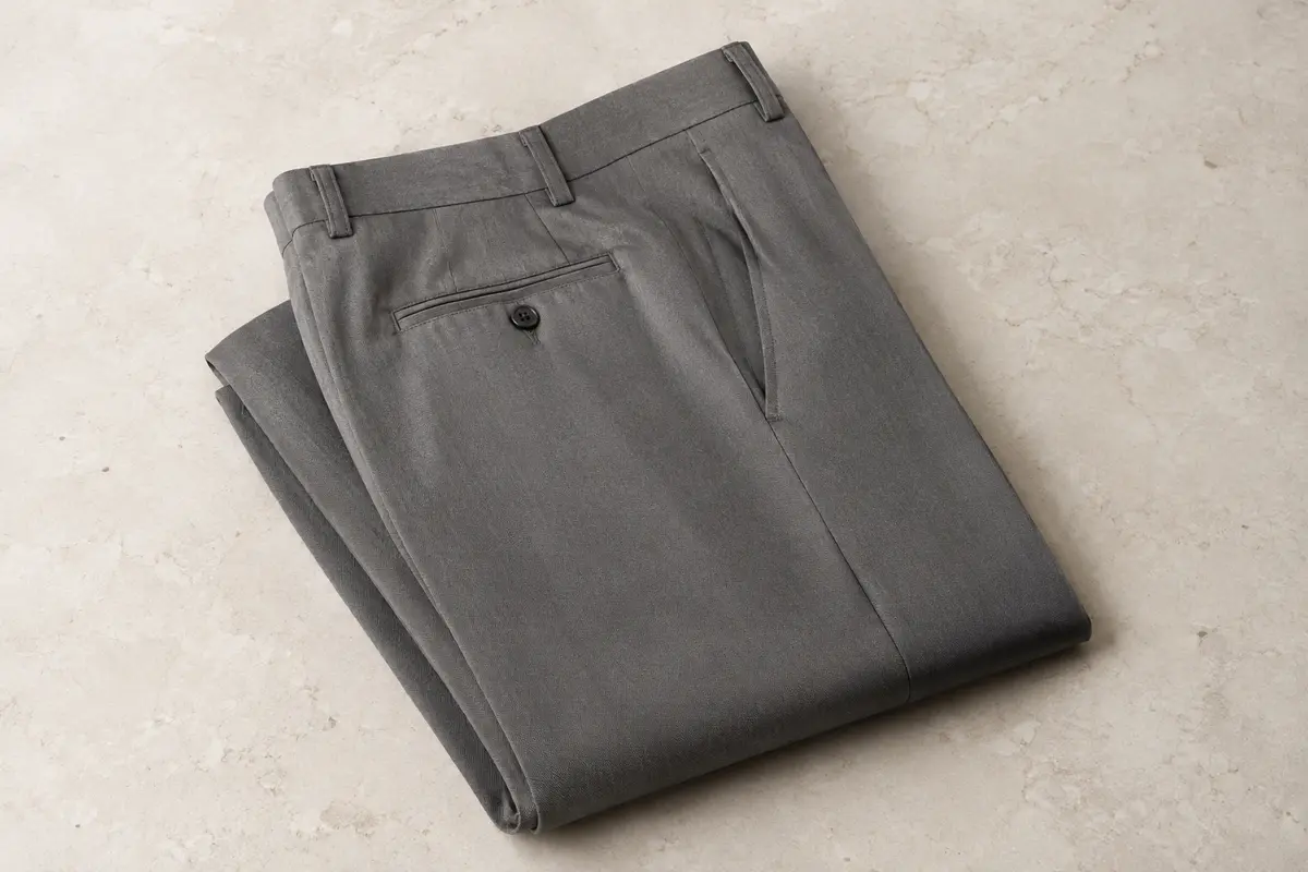 Pantalon de ville Haggar plissé à coupe classique, présenté seul sur une surface de pierre claire.