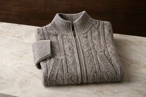 Cardigan homme zippé en maille torsadée, avec col montant et deux poches, présenté plié sur une surface claire.