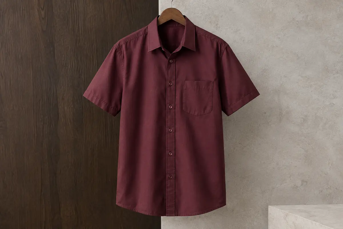 Chemise HISDERN unie à manches courtes, avec col classique, boutons et poche, présentée sur un cintre sobre