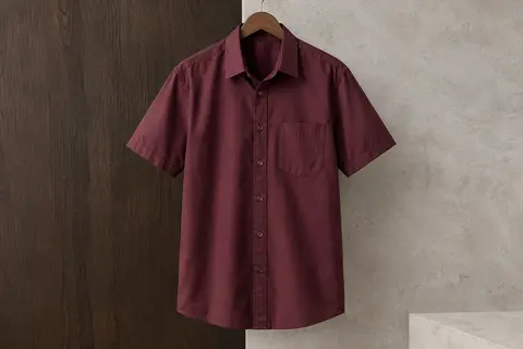 Chemise HISDERN unie à manches courtes, avec col classique, boutons et poche, présentée sur un cintre sobre