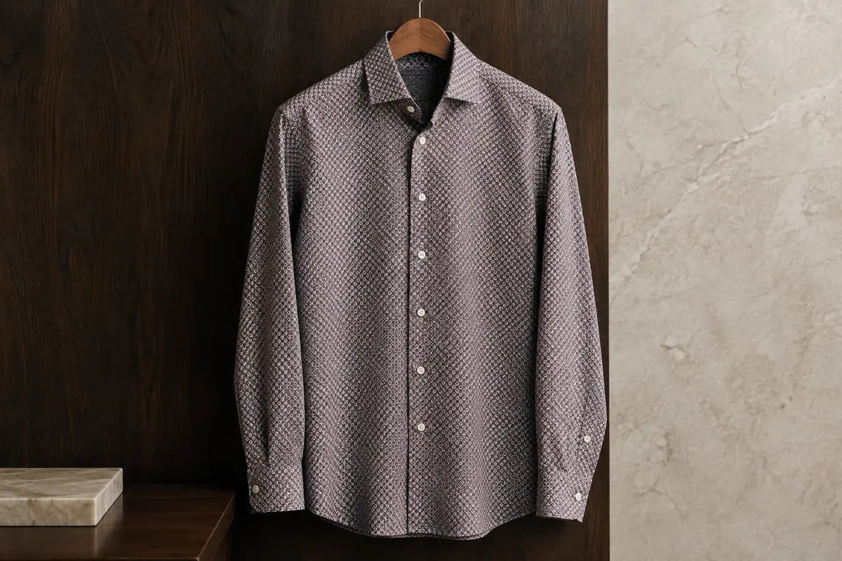 Chemise HISDERN à manches longues et motif contrasté présentée sur un cintre sobre