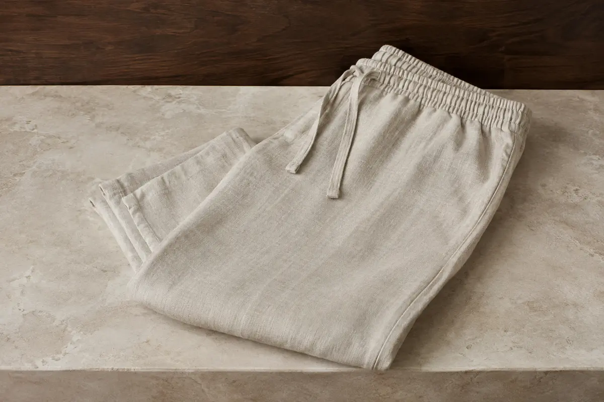 Pantalon Hoerev pour homme plié sur une surface claire, avec taille élastique et cordon réglable visibles.