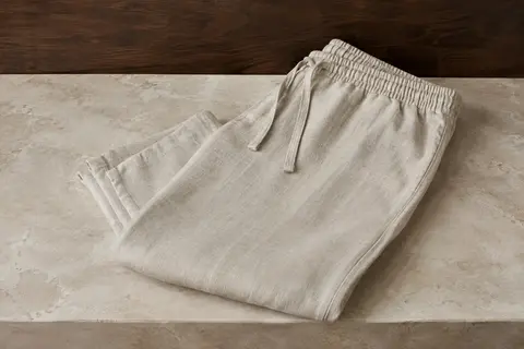 Pantalon Hoerev pour homme plié sur une surface claire, avec taille élastique et cordon réglable visibles.