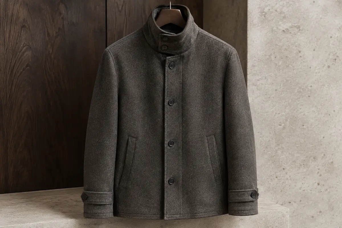 Manteau court pour homme à col montant boutonné, présenté seul sur un cintre dans un décor épuré.