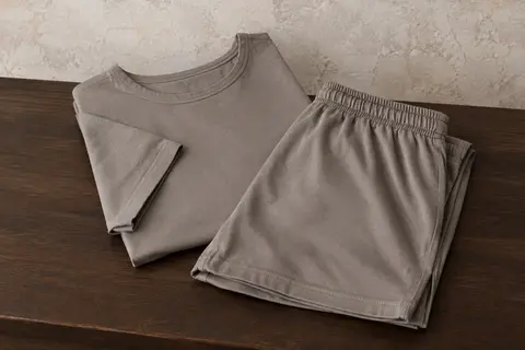Ensemble de pyjama court pour homme en coton, avec haut à manches courtes et short pliés sur du bois