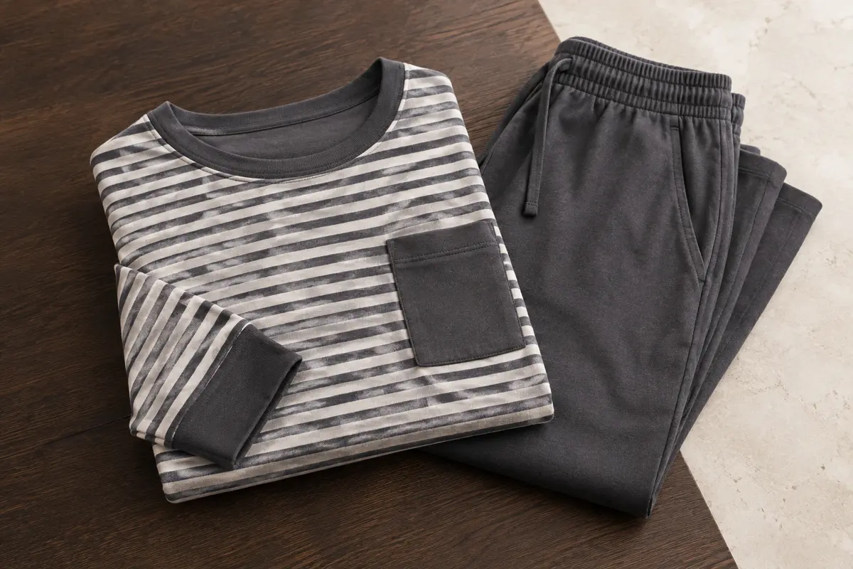 Ensemble de pyjama homme long avec haut rayé à poche poitrine et pantalon uni posé sur une surface en bois.
