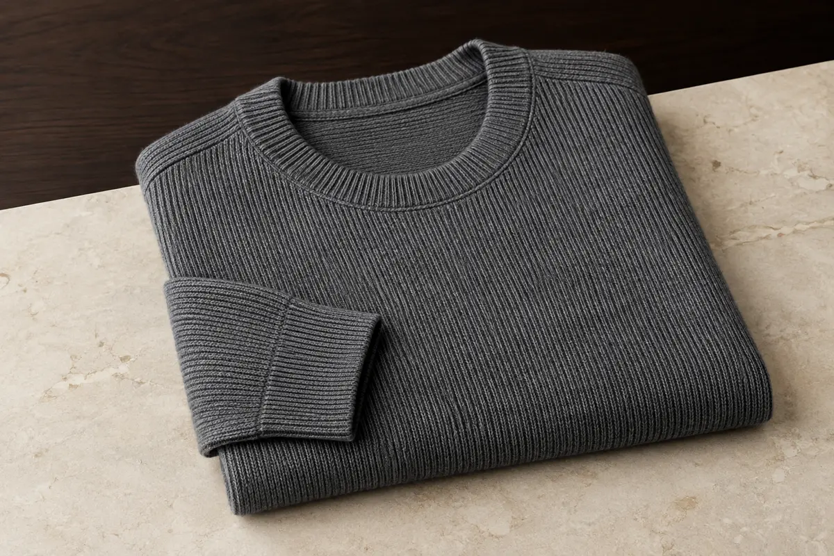 Pull pour homme à col rond et manches longues, plié sur une surface claire pour montrer sa maille texturée