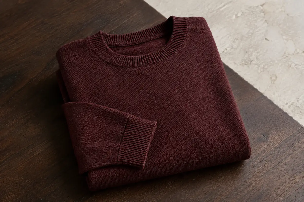 Pull homme en maille de coton à col rond, manches longues, soigneusement plié sur une surface en bois