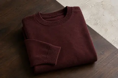 Pull homme en maille de coton à col rond, manches longues, soigneusement plié sur une surface en bois