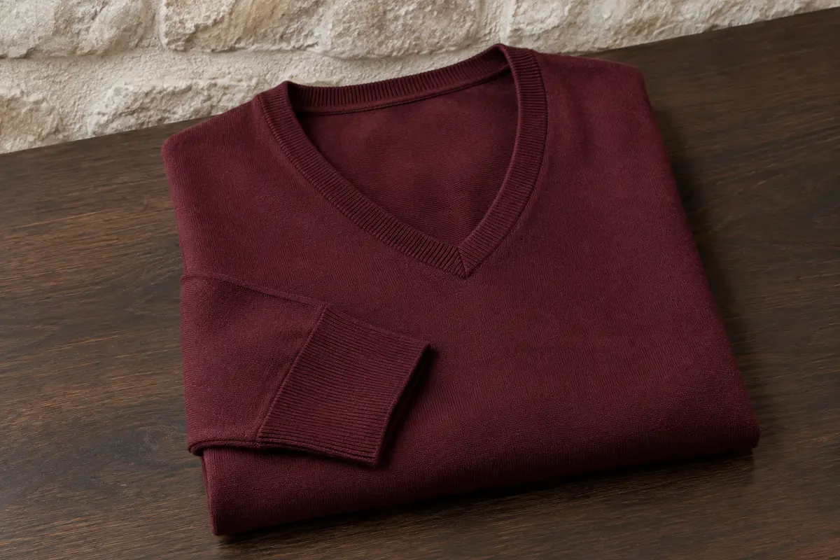 Pull homme en maille fine de coton à col en V, plié sur une surface en bois foncé.