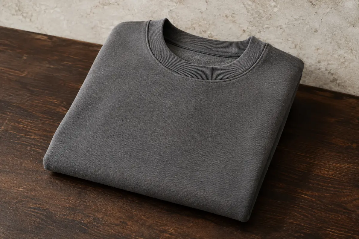 Sweat-shirt homme uni à col rond en coton, plié sur une surface en bois foncé.