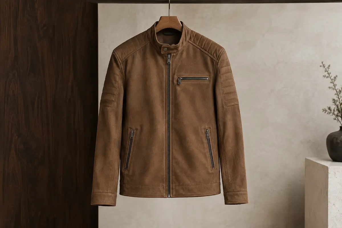 Veste homme en daim synthétique à col motard, manches longues et poches zippées, présentée sur un cintre.