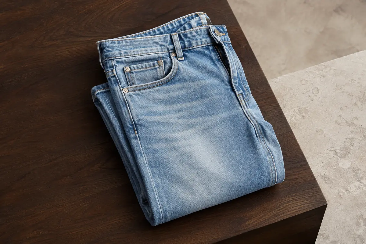 Jean slim homme en denim bleu clair délavé, plié sur une surface en bois foncé et pierre claire.