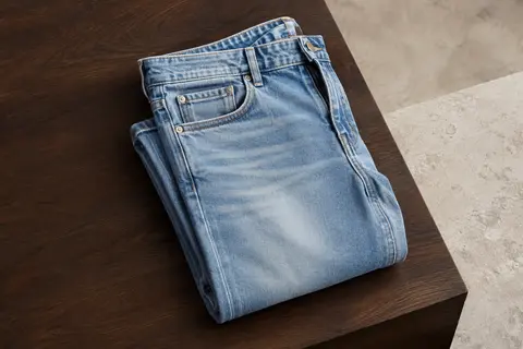 Jean slim homme en denim bleu clair délavé, plié sur une surface en bois foncé et pierre claire.