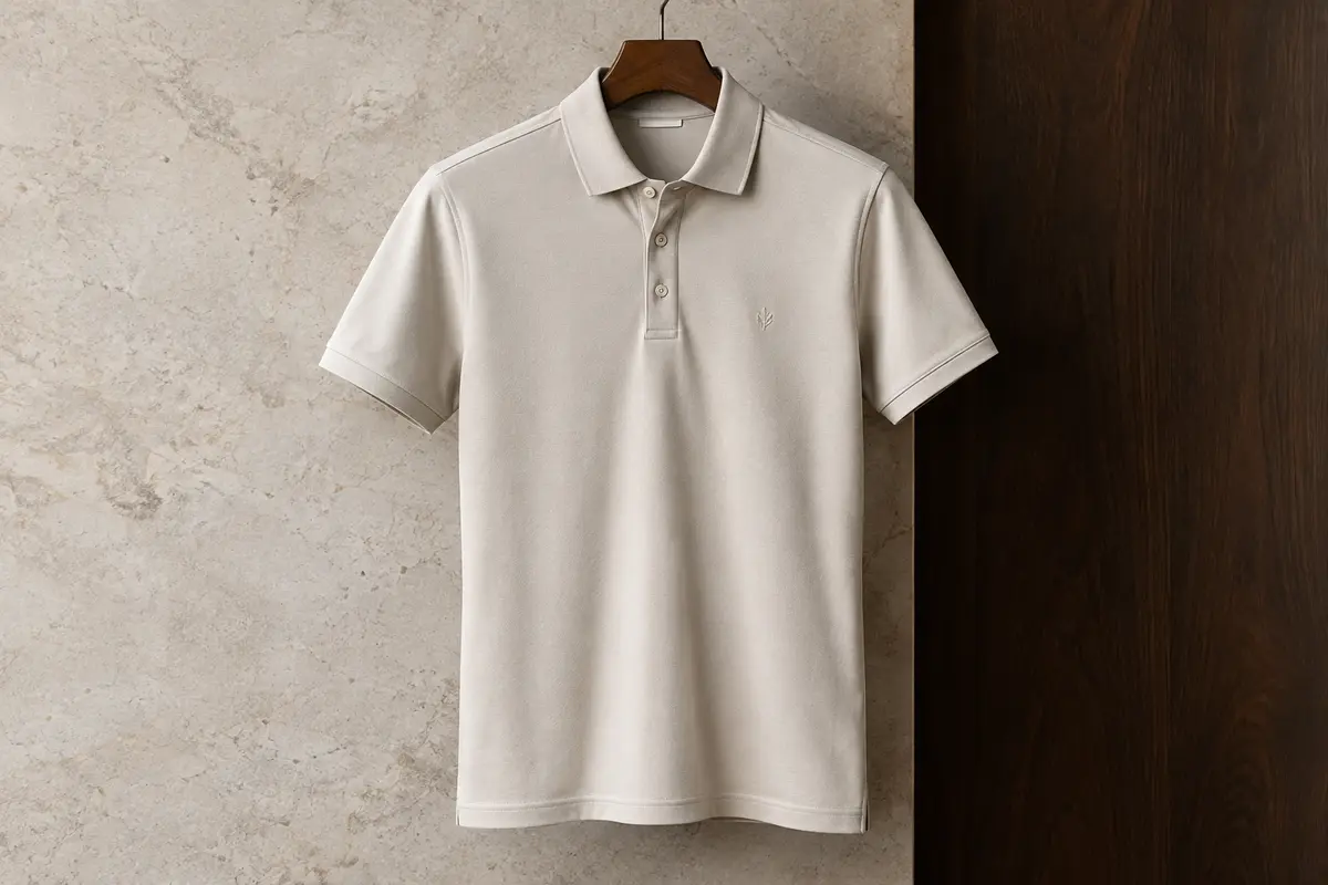 Polo homme à manches courtes et col boutonné présenté seul sur un fond de pierre claire et de bois foncé