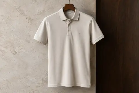Polo homme à manches courtes et col boutonné présenté seul sur un fond de pierre claire et de bois foncé