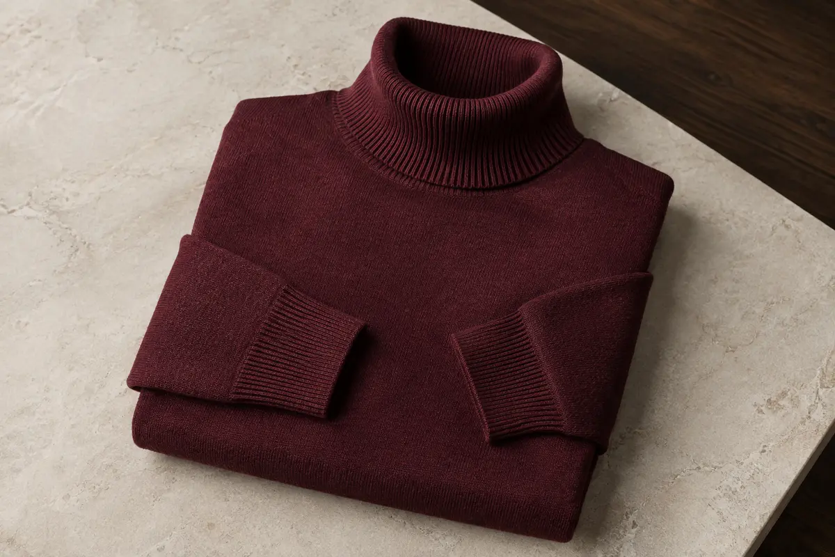 Pull homme en maille unie à col roulé, soigneusement plié sur une surface en pierre claire.
