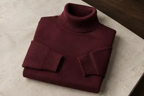 Pull homme en maille unie à col roulé, soigneusement plié sur une surface en pierre claire.