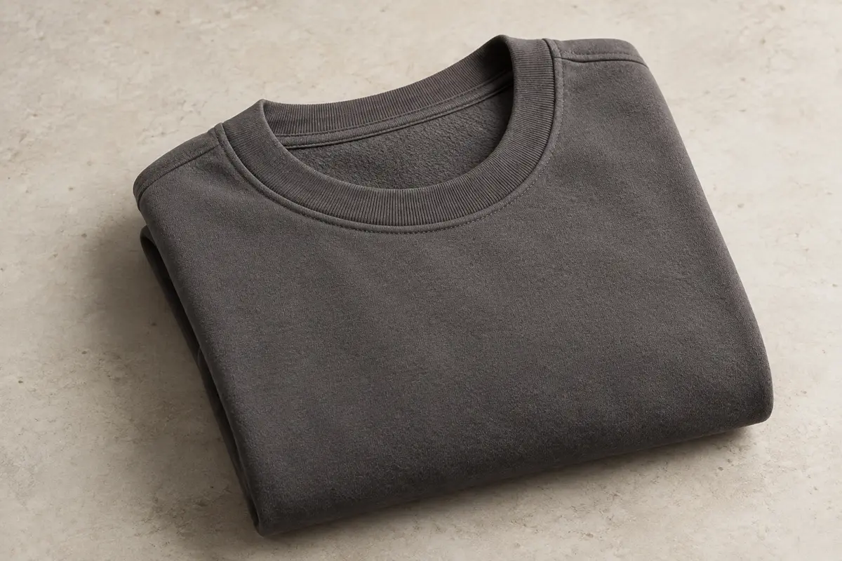 Sweat-shirt à col rond et manches longues plié sur une surface en pierre claire