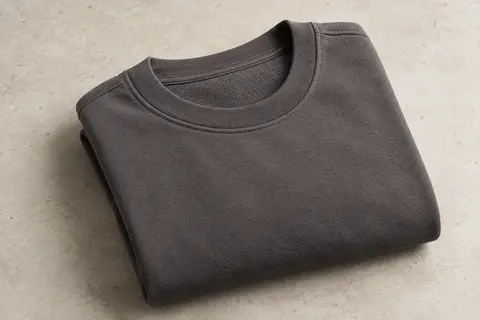 Sweat-shirt à col rond et manches longues plié sur une surface en pierre claire