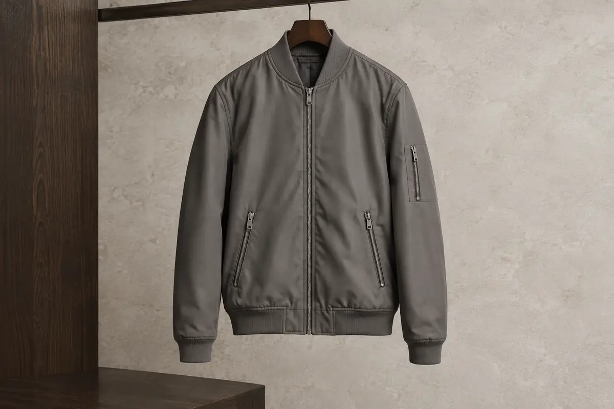 Veste bomber pour homme en polyester sur cintre, avec col côtelé et poches zippées