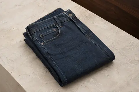 Jean slim à taille basse et cinq poches, soigneusement plié sur une surface de pierre claire.