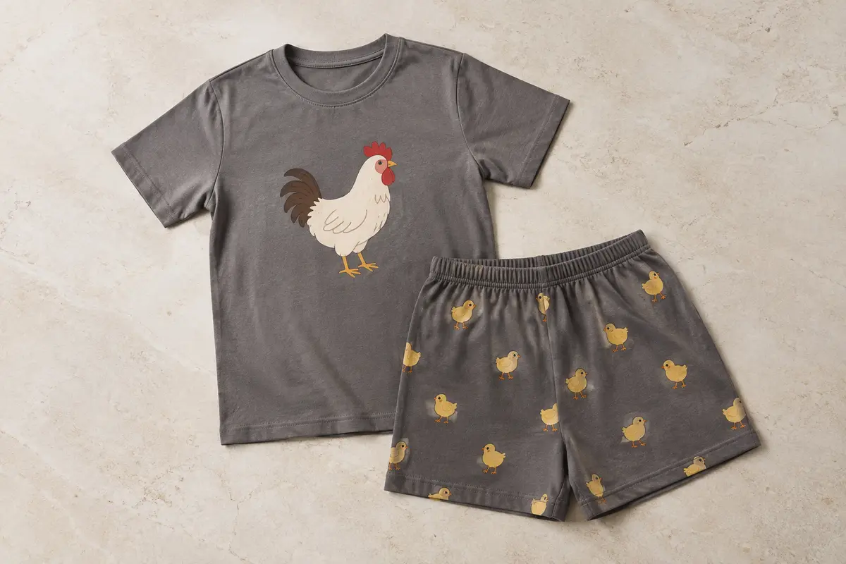 Ensemble de pyjama homme court à motifs de poulet et de poussin, avec haut col rond et short à poches.