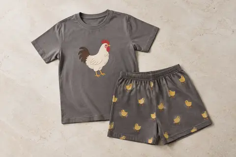 Ensemble de pyjama homme court à motifs de poulet et de poussin, avec haut col rond et short à poches.