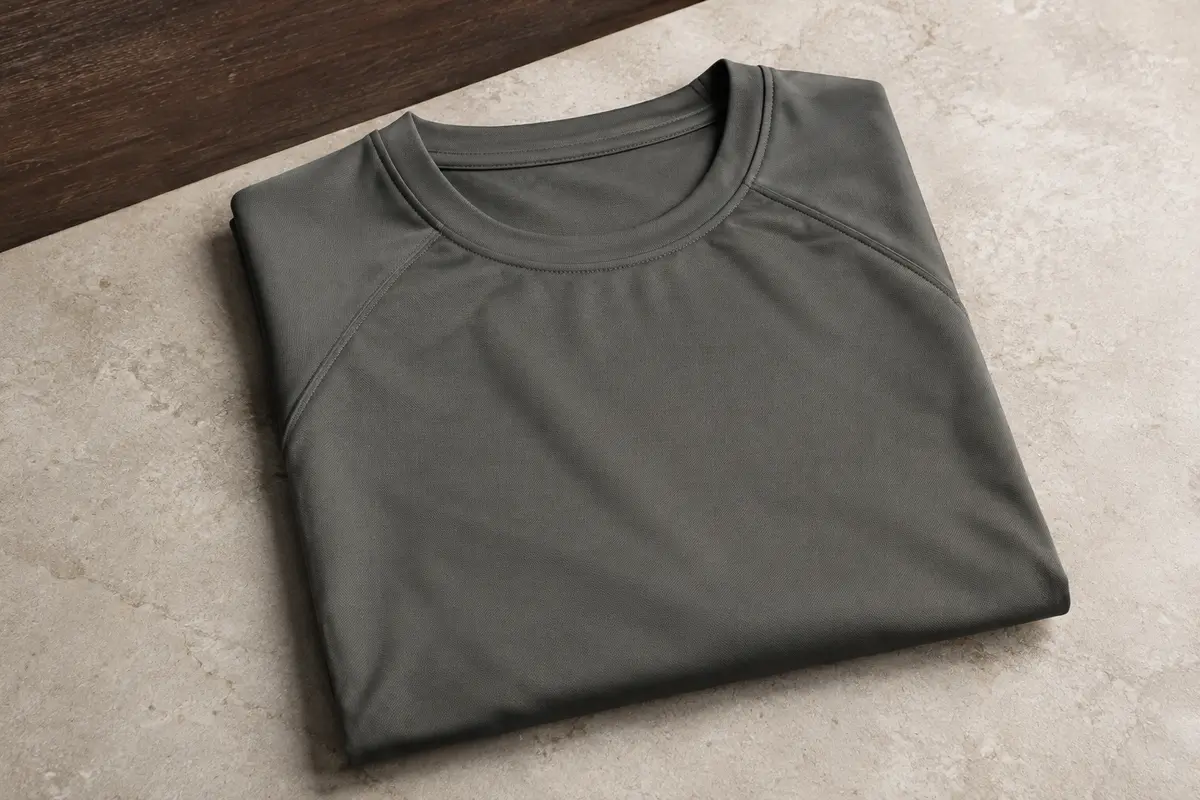T-shirt de sport à col rond et manches raglan, plié sur une surface de pierre claire.